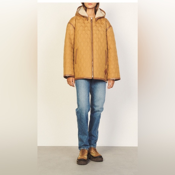 SANDRO leather-trimmed quilted shell hooded jacket - Picture 1 of 8